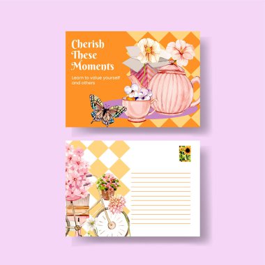 İçinde mutluluk olan bir kartpostal şablonu. Gün konsepti, suluboya stil.