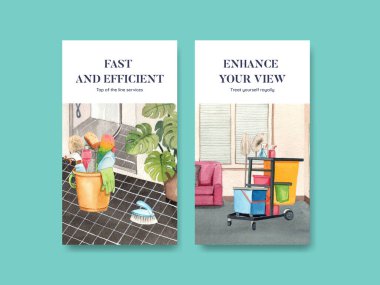 Temizlik hizmeti konsepti olan Instagram şablonu, suluboya styl