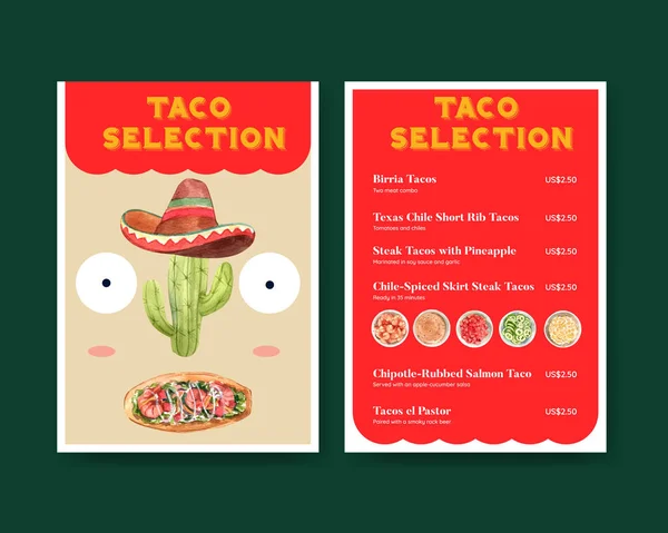 带Taco Day概念的菜单模板 水彩画样式 — 图库矢量图片