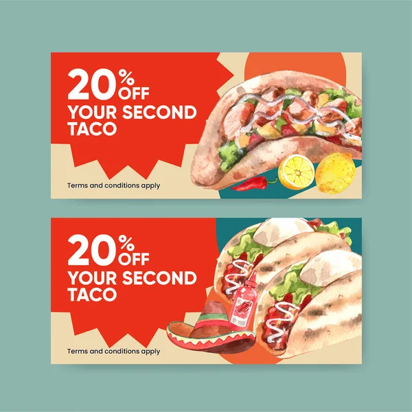 Voucher Template Taco Day Concept Watercolor Styl — Stock Vector