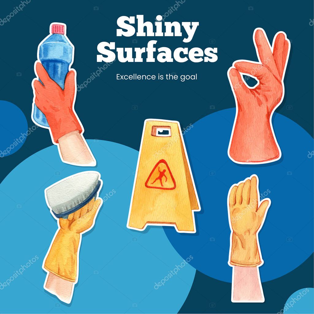 Sticker template with cleaning service concept,watercolor styl