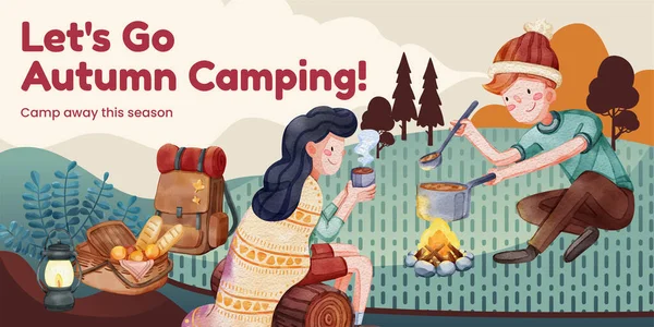 Blog Header Template Autumn Camping Picnic Concept Watercolor Styl — Stock Vector