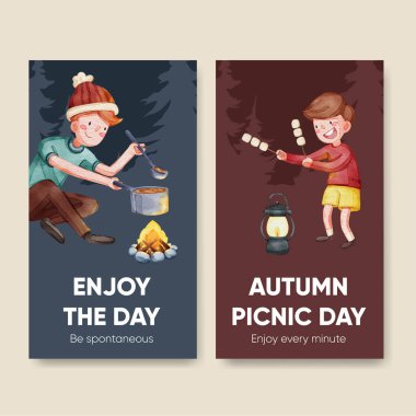Instagram şablonu ile sonbahar kampı piknik konsepti, suluboya stil