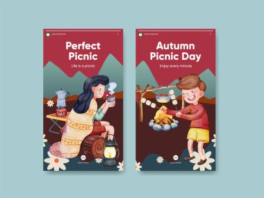 Instagram şablonu ile sonbahar kampı piknik konsepti, suluboya stil