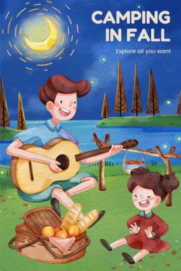Sonbahar kampı piknik konsepti olan poster şablonu, suluboya stil