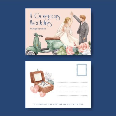 Üzerinde muhteşem yeşil düğün konsepti olan bir kartpostal şablonu, suluboya stil.