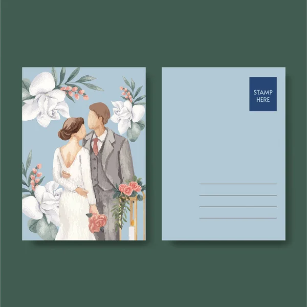 明信片模板与华丽的绿色婚礼概念 水彩画风格 — 图库矢量图片