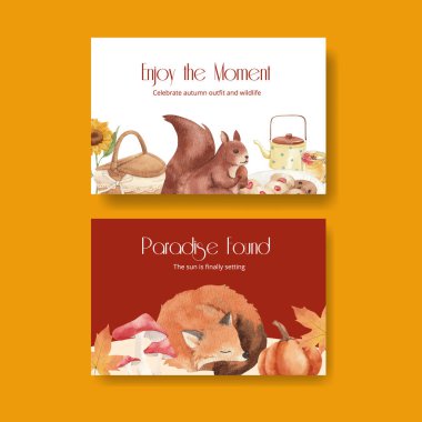 Güz kıyafetleri ile Facebook şablonu Ormanlık yaşam konsepti, suluboya styl