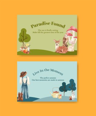 Güz kıyafetleri ile Facebook şablonu Ormanlık yaşam konsepti, suluboya styl