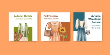 Sonbahar kıyafetleri ile banner şablonu Orman hayatı konsepti, suluboya styl