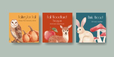 Sonbahar kıyafetleri ile banner şablonu Orman hayatı konsepti, suluboya styl