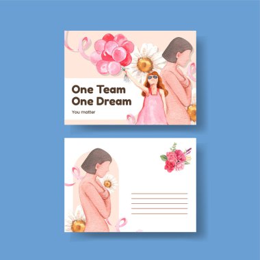 Göğüs kanseri konsepti olan bir kartpostal şablonu, suluboya stil.