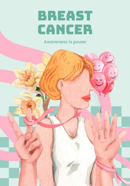 Göğüs kanseri kavramlı poster şablonu, suluboya stil.