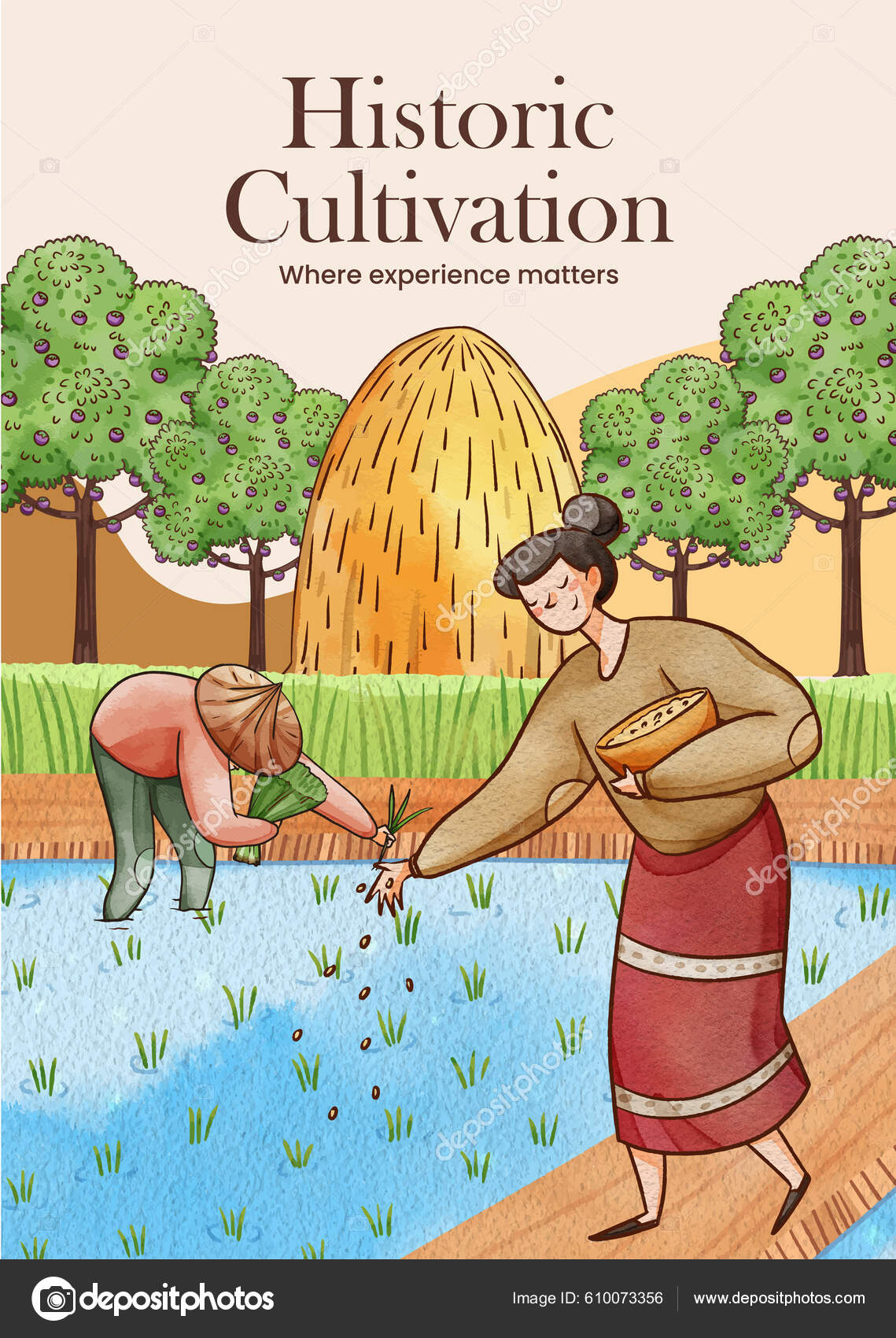 Poster Template Asian Farmer Concept Watercolor Styl Stock Vector Image