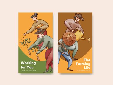 Asyalı çiftçi kavramı olan Instagram şablonu, suluboya stil