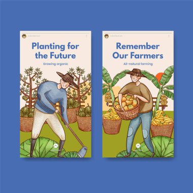 Asyalı çiftçi kavramı olan Instagram şablonu, suluboya stil