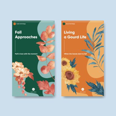 Kırsal sonbahar yaprakları konseptiyle Instagram şablonu, suluboya stil