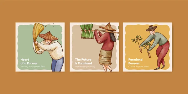 Banner Šablona Asijským Zemědělcem Koncept Akvarel Styl — Stockový vektor