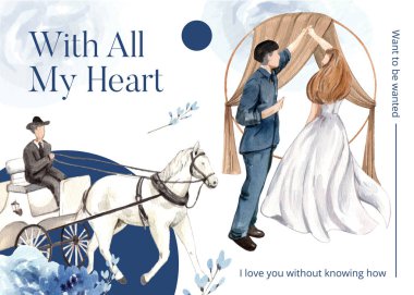 Samimi, şık düğün eşliğinde bir kartpostal şablonu, suluboya styl