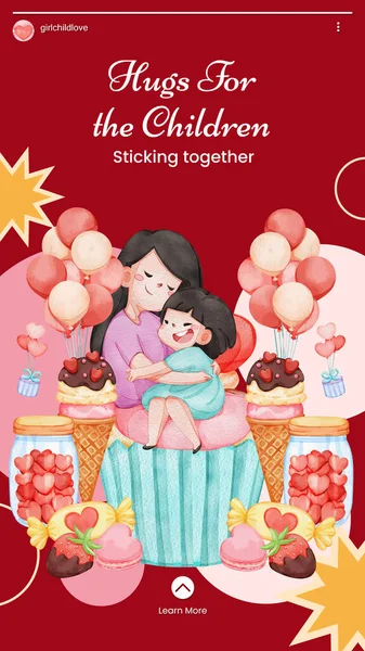 Instagramの物語テンプレートともに女の子子供抱擁とともに愛のコンペット 水彩スタイル — ストックベクタ