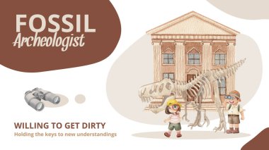 Blog banner template with  Fossil Archeologist concept,watercolor styl clipart