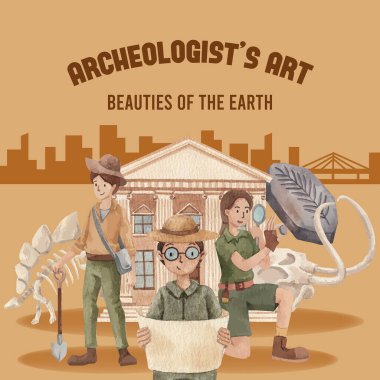 Fosil arkeolog konseptiyle Instagram gönderimi şablonu, suluboya stil