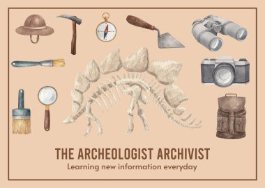 Postcard template with  Fossil Archeologist concept,watercolor styl clipart
