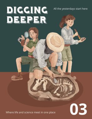 Fosil arkeolog konsepti olan poster şablonu, suluboya stil