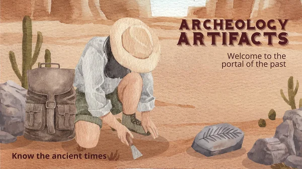 Blog Banner Vorlage Mit Fossil Archäologist Konzept Aquarell Styling — Stockvektor