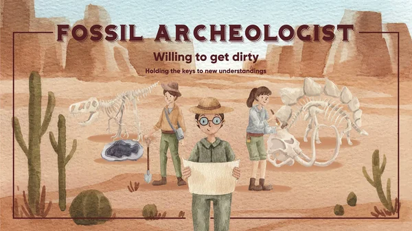 Modelo Banner Blog Com Conceito Arqueólogo Fóssil Styl Aquarela —  Vetores de Stock