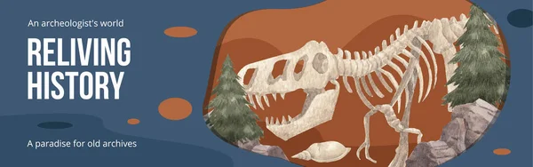 Facebook Ads Template Fossil Archeologist Concept Watercolor Styl —  Vetores de Stock