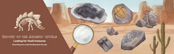 化石考古学者の概念とFacebookの広告テンプレート 水彩スタイル — ストックベクタ