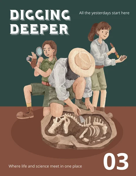 Poster Template Met Fossiel Archeoloog Concept Aquarel Styl — Stockvector
