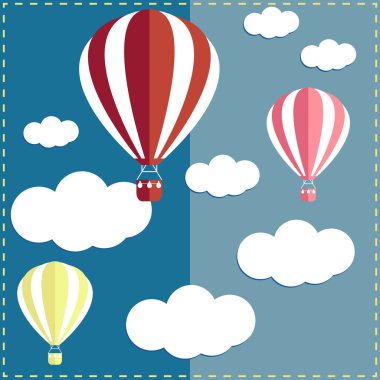 Parlak renkli karikatür sıcak hava balonu için kart, davet, poster, tasarım kullanmak için gökyüzü arka planda banner, afiş veya kapak billboard