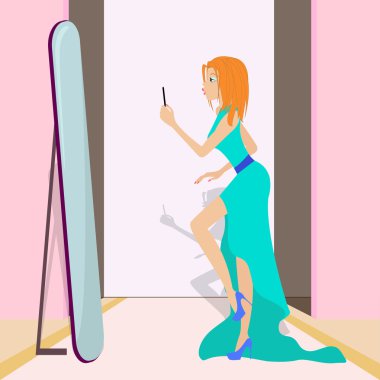 Moda kız dükkanda aynadaki selfie fotoğraf çekme ile illüstrasyon parlak renkli