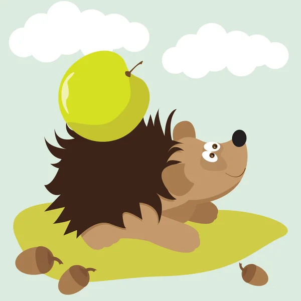 Funny cartoon cute hedgehog with apple background for use in design for card, invitation, poster, banner, placard or billboard cover — Stock Vector