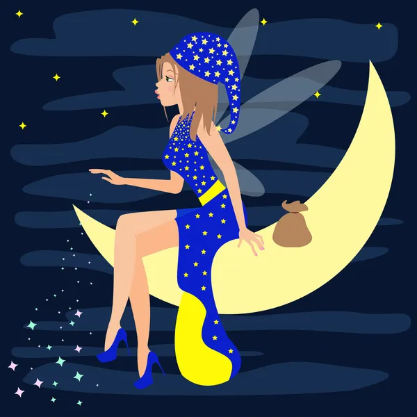 Bright colored cartoon illustration with little beautiful fairy sitting on the moon in the sky with stars — Stock Vector