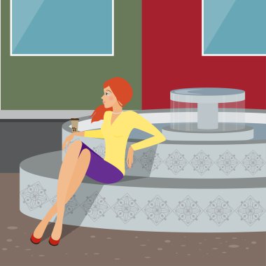 Parlak illüstrasyon kart, davet, poster, için tasarım kullanmak için bir çeşme yakınındaki kızla banner, afiş veya kapak billboard