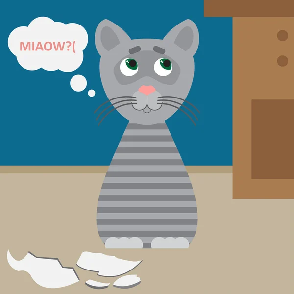 Illustrazione con gatto e coppa rotta — Vettoriale Stock