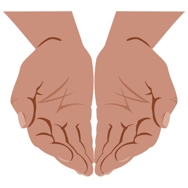 The open palms of a person, slightly bent and pressed together, folded in a ladle directed towards the viewer in a gifting or accepting gesture, isolated on white background.
