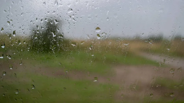 Par Temps Pluvieux Orageux Derrière Verre Avec Des Gouttes Pluie — Photo