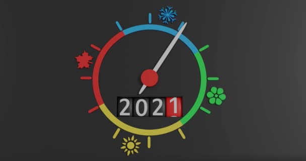 다이얼 주위를 화살표는 눈송이 나뭇잎등을 상징하는 파란색 노란색 빨간색의 부분으로 — 비디오