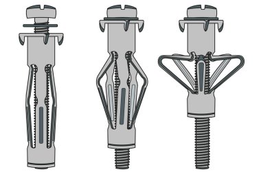 Molly dowel drywall fastener in series of three states from left to right: the first initial closed state, the second semi-open state of petals, the third state of fixation fully open, vector drawing. clipart