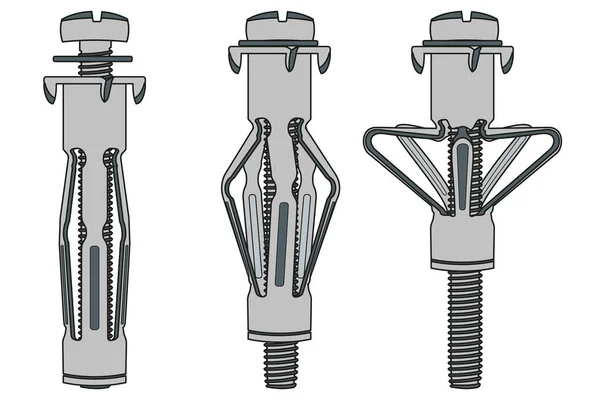 Molly Dowel Drywall Fastener Series Three States Left Right First — Stock Vector