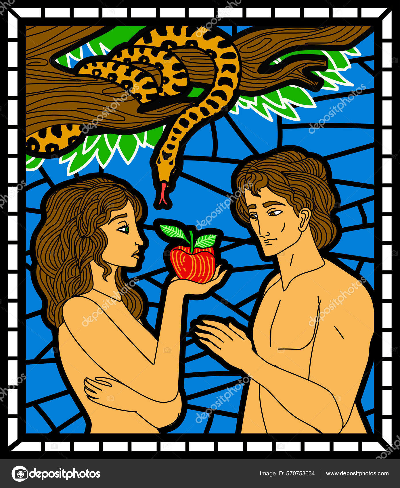 夏娃和带苹果的蛇在染红的玻璃花园里图库矢量图©delcarmat 570753634