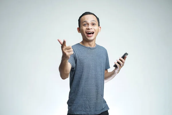 Portrait Young Asian Man Handsome Happy Smile Shirt Using Smartphone — Stockfoto