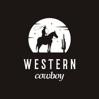 Çiftlik logosu tasarımı. Kovboy silueti olan at.
