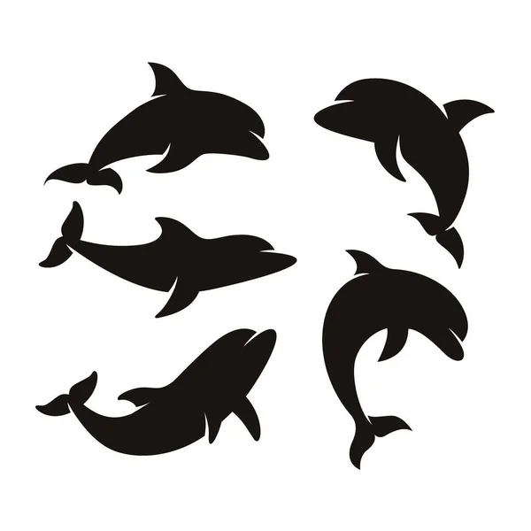 Silhuetas Golfinhos Ícone Vetor Ilustração Isolada Para Crianças — Vetor de Stock