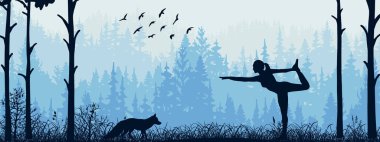 Yatay pankart. Ormandaki çayır üzerinde yoga yapan bir kız silueti. Tilki izliyor. Yoga güneşi selamı. Sağlıklı yaşam tarzı, ağaçlar, otlar, hayvanlar. Peyzaj çizimi.