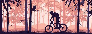 Horizontal banner. Silhouette of mountain bike rider in magical misty forest. Wild nature landscape. Owl on branch. Pink illustration.	